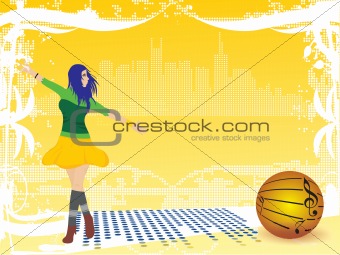 girl with musical ball on disco background, wallpaper