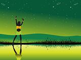 green disco banner with dancing silhouette, vector