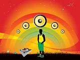 rainbow musical background with turntable and man, banner