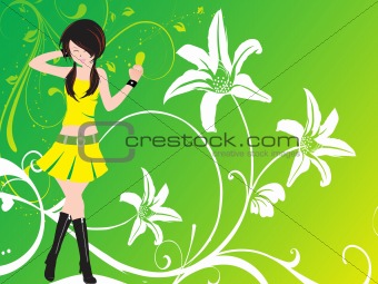 vector dancing girl and floral green wallpaper