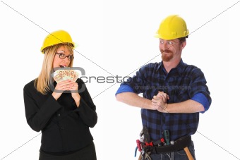construction worker and businesswoman with earnings