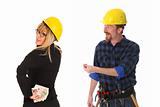 construction worker and businesswoman with earnings