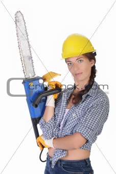 Beauty woman with chainsaw