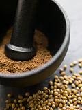 Coriander Powder in a Pestle and Mortar with Coriander Seeds