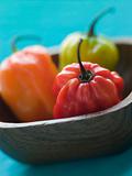 Scotch Bonnet Chilies In a Wooden Dish