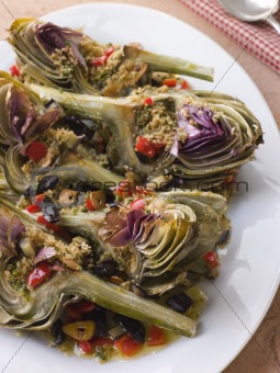 Roasted Globe Artichokes with Aubergine Peppers and Olives