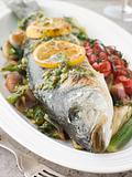 Whole Roasted Sea Bass with Fennel Lemon Cherry Vine Tomatoes an