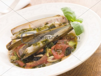 Razor Clams with Stewed Tomatoes Garlic and Olives