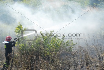 Fireman fighting a heath fire in Gdansk, Poland