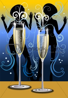 Fluted champagne glasses with dancing girls silhouettes