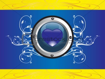 rounded frame with heart logo on floral blue background, illustration
