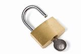 Open padlock with inserted key isolated 