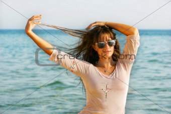 young girl at sea background