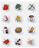 Fruti, vegetables, bread, fish in ice cubes