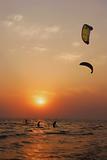silhouettes of kite surfers at sunset