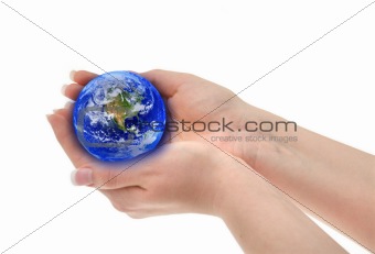 joined female hands holding globe