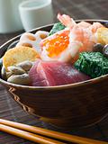 Sushi Rice Bowl with Tuna Salmon Prawn Tofu and Vegetables