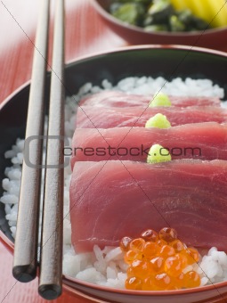Sashimi of Yellow Fin Tuna on Rice with Salmon Roe Pickles and W