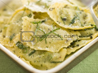 Dish of Spinach and Ricotta Ravioli and Sage Butter