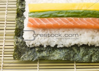 Making Rolled Sushi in a Sushi Mat
