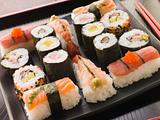 Selection of Seafood and Vegetable Sushi on a Tray