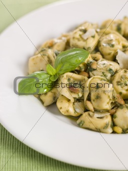 Chicken and Mushroom Tortelinni with Pesto and Pine Nuts