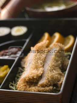 Tonkatsu Box and Miso Soup with Pickles and Sushi
