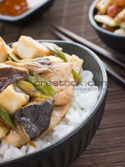 Chicken and Mushroom Donburi with Fried Tofu