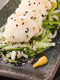 Sashimi of Dive Scallops Cucumber Mouli and sesame salad
