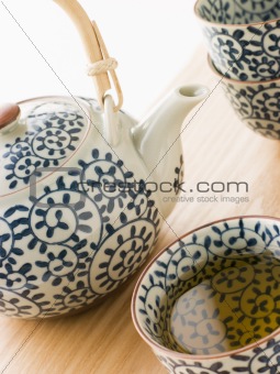 Cup of Japanese Green Tea with Tea Pot and Cups