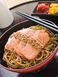Sesame Crusted Salmon Fried Noodles and Pickles