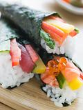 Three hand Rolled Seafood and Vegetable Sushi