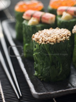 Rolled Spinach Three Ways-Snow Crab Toasted Sesame Seeds and sal