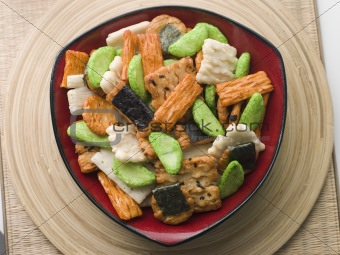 Dish of Large Assorted Rice Crackers