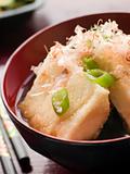Crisp Fried Tofu in Miso with Bonito Flakes and Pickles