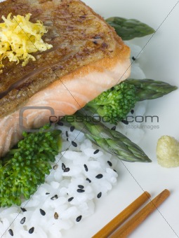 Citrus Salmon Fillet on Rice Steamed Vegetables with Sesame and 