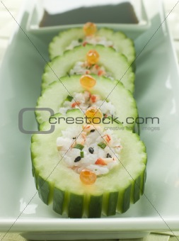 Cucumber Sushi Roll with Crayfish and a Soy Dip