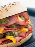 Poppy Seed Bagel with Pastrami Mustard and Gherkins
