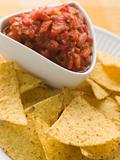 Pot Of Tomato Salsa with Tortilla Chips