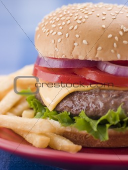 Cheese Burger in a Sesame Seed Bun with Fries