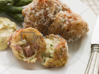Ham and Cheese Beignets with Asparagus and Dijonnaise