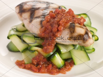 Chargrilled Chicken Breast with Courgette Ribbons and Tomato Con