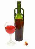 Red wine bottle, glass and stopper