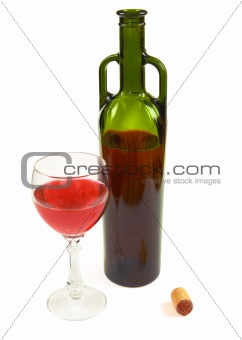 Red wine bottle, glass and stopper