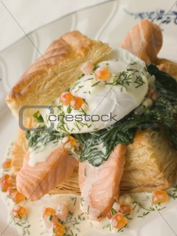 Seared Salmon Spinach and a Poached Egg in a Vol-au-Vent Case wi