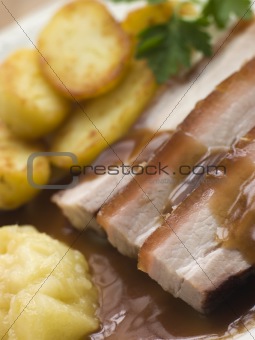 Roasted Belly Pork with Fried Potatoes and Apple Sauce
