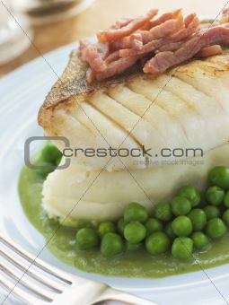 Roasted Cod Fillet with Mash Potato Peas and bacon