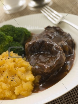 Shin of Beef Braised in Stout with Mashed Swede and Broccoli