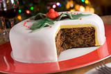 Decorated Christmas Fruit Cake with slices taken