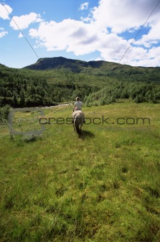 Rear view of young woman riding horse in rural setting, 